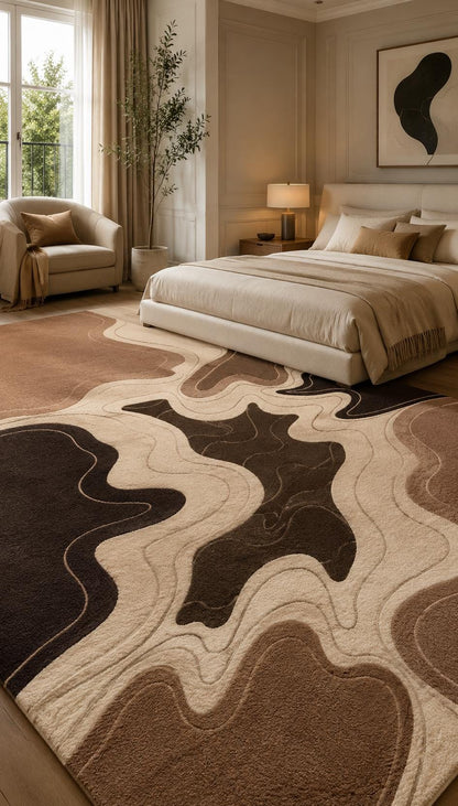 Luxury Hand Tufted Wool Rug | Abstract Neutral Area Rug | Modern Beige Brown Carpet | High Pile Sculpted Rug | Living Room Bedroom Rug
