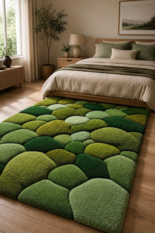 Luxury Moss Pebble Rug  3D Tufted Green Area Rug | Organic Stone Texture Rug | Japandi Bedroom Rug | Handmade Moss Carpet | Forest Inspired