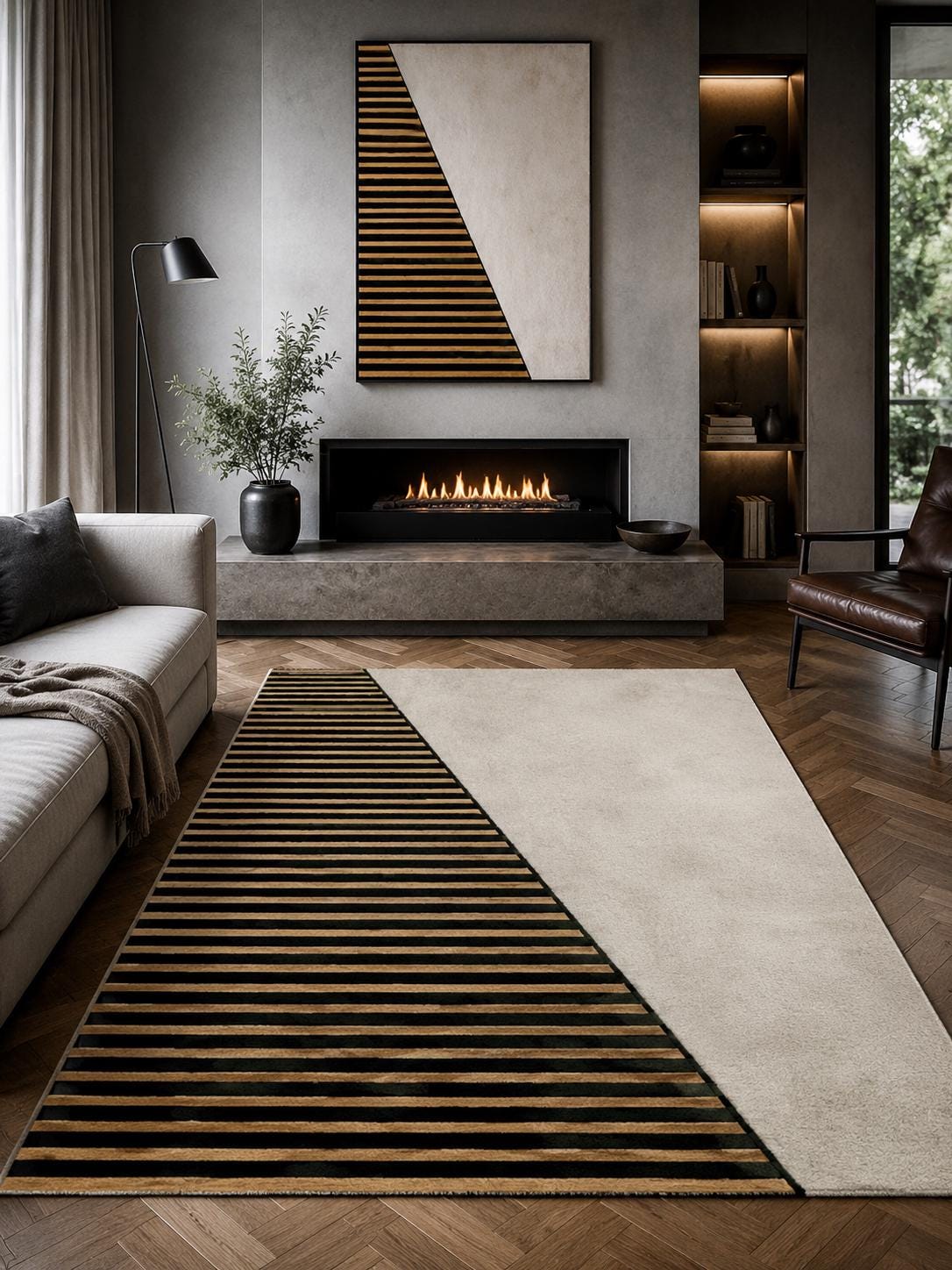 Luxury Geometric Area Rug | Modern Black Beige Wool Rug | Minimalist Contemporary Carpet | Handmade Designer Living Room Rug UK US Decor