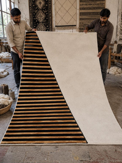 Luxury Geometric Area Rug | Modern Black Beige Wool Rug | Minimalist Contemporary Carpet | Handmade Designer Living Room Rug UK US Decor