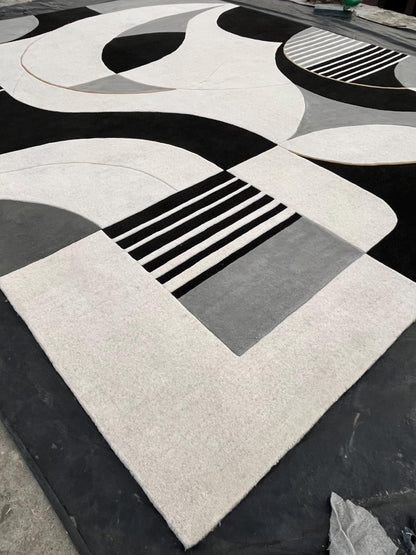 Luxury Black and White Abstract Rug | Modern Minimalist Area Rug | High Pile Plush Contemporary Carpet | Designer Living Room Statement Rug