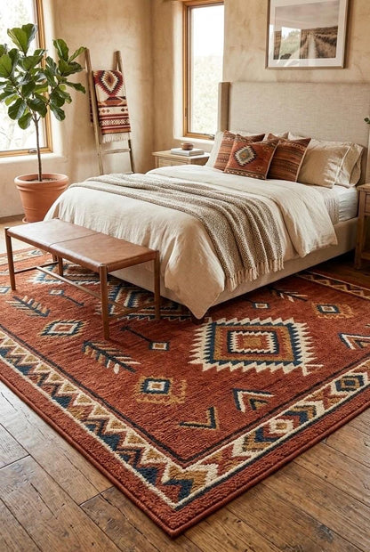 Southwestern Hand Tufted Wool Rug | Rust Terracotta Geometric 3D Texture Luxury Carpet | Large Area Rug for Living Room |  Boho Desert Decor