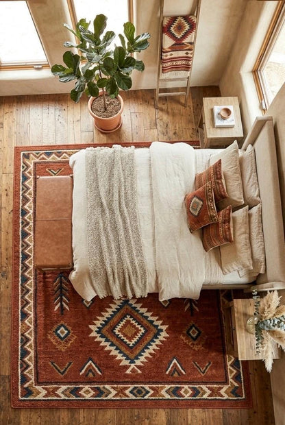 Southwestern Hand Tufted Wool Rug | Rust Terracotta Geometric 3D Texture Luxury Carpet | Large Area Rug for Living Room |  Boho Desert Decor