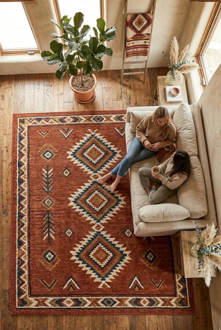 Southwestern Hand Tufted Wool Rug | Rust Terracotta Geometric 3D Texture Luxury Carpet | Large Area Rug for Living Room |  Boho Desert Decor