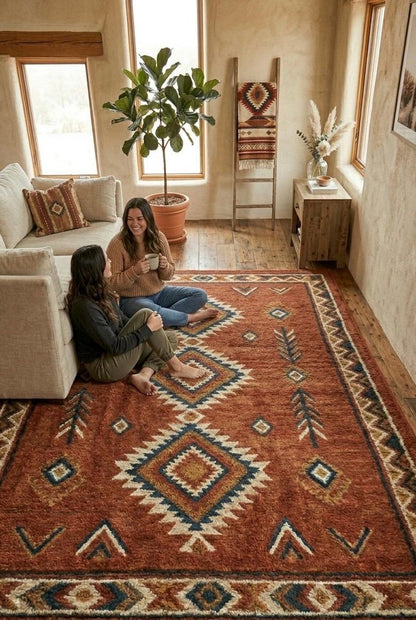 Southwestern Hand Tufted Wool Rug | Rust Terracotta Geometric 3D Texture Luxury Carpet | Large Area Rug for Living Room |  Boho Desert Decor