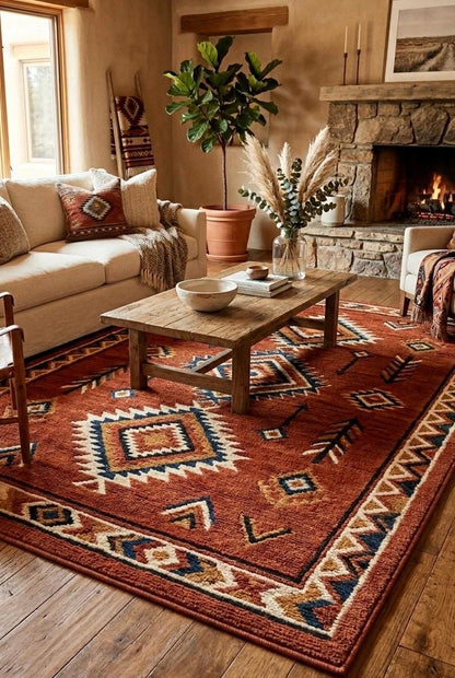 Southwestern Hand Tufted Wool Rug | Rust Terracotta Geometric 3D Texture Luxury Carpet | Large Area Rug for Living Room |  Boho Desert Decor