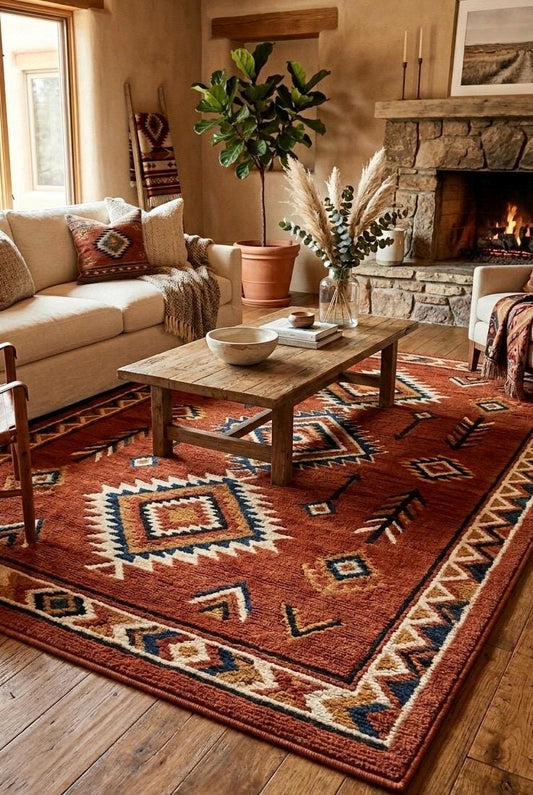 Southwestern Hand Tufted Wool Rug | Rust Terracotta Geometric 3D Texture Luxury Carpet | Large Area Rug for Living Room |  Boho Desert Decor