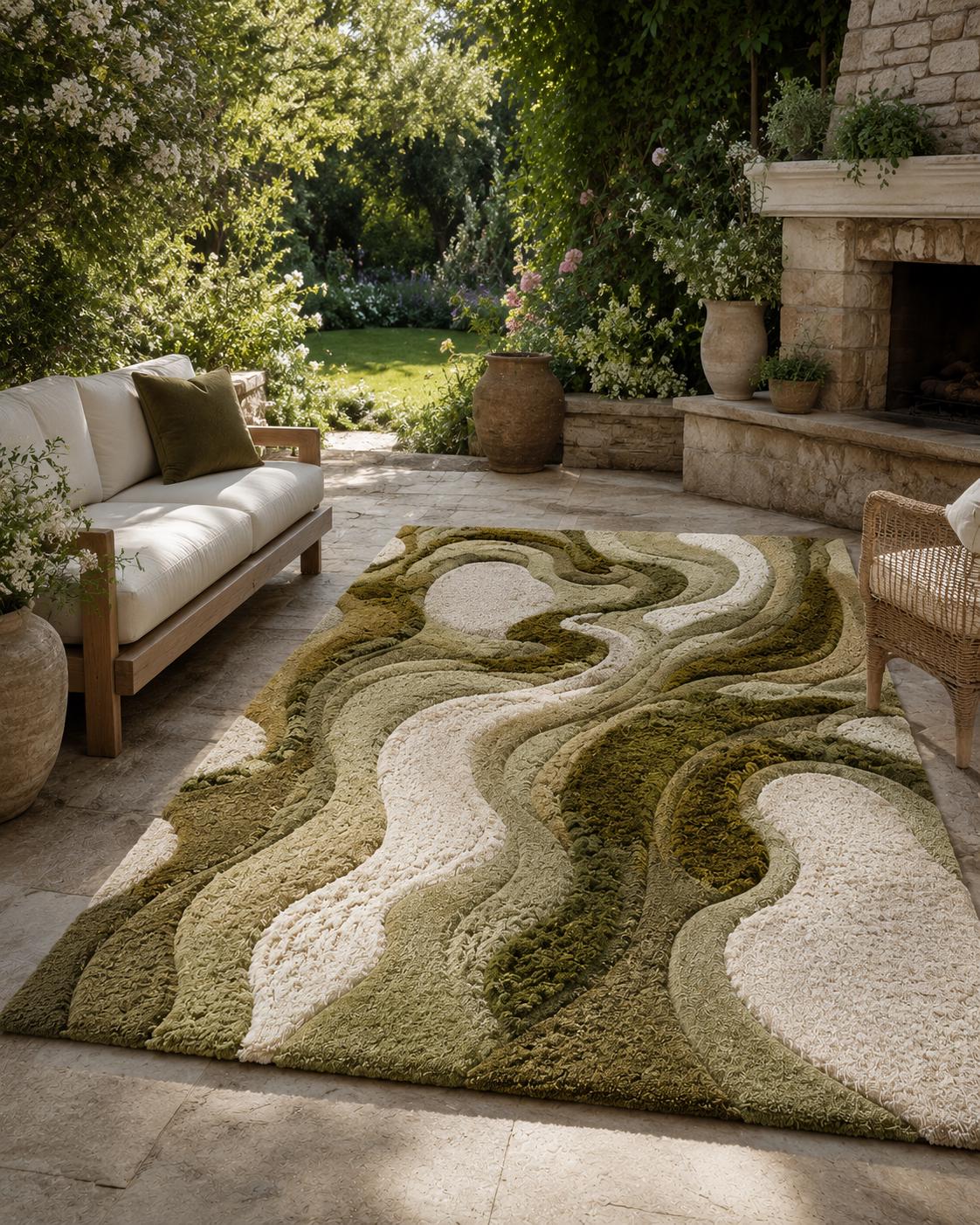 Luxury Moss Tufted Rug | Handmade Sculpted Area Rug | Organic Modern Green Rug | Abstract Textured Wool Carpet | Wavy Neutral Home Decor