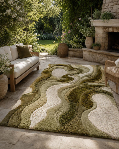 Luxury Moss Tufted Rug | Handmade Sculpted Area Rug | Organic Modern Green Rug | Abstract Textured Wool Carpet | Wavy Neutral Home Decor