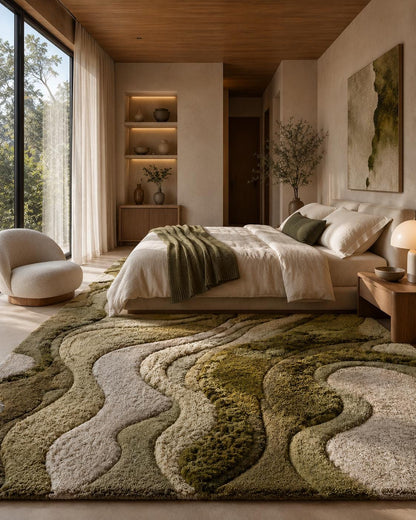Luxury Moss Tufted Rug | Handmade Sculpted Area Rug | Organic Modern Green Rug | Abstract Textured Wool Carpet | Wavy Neutral Home Decor
