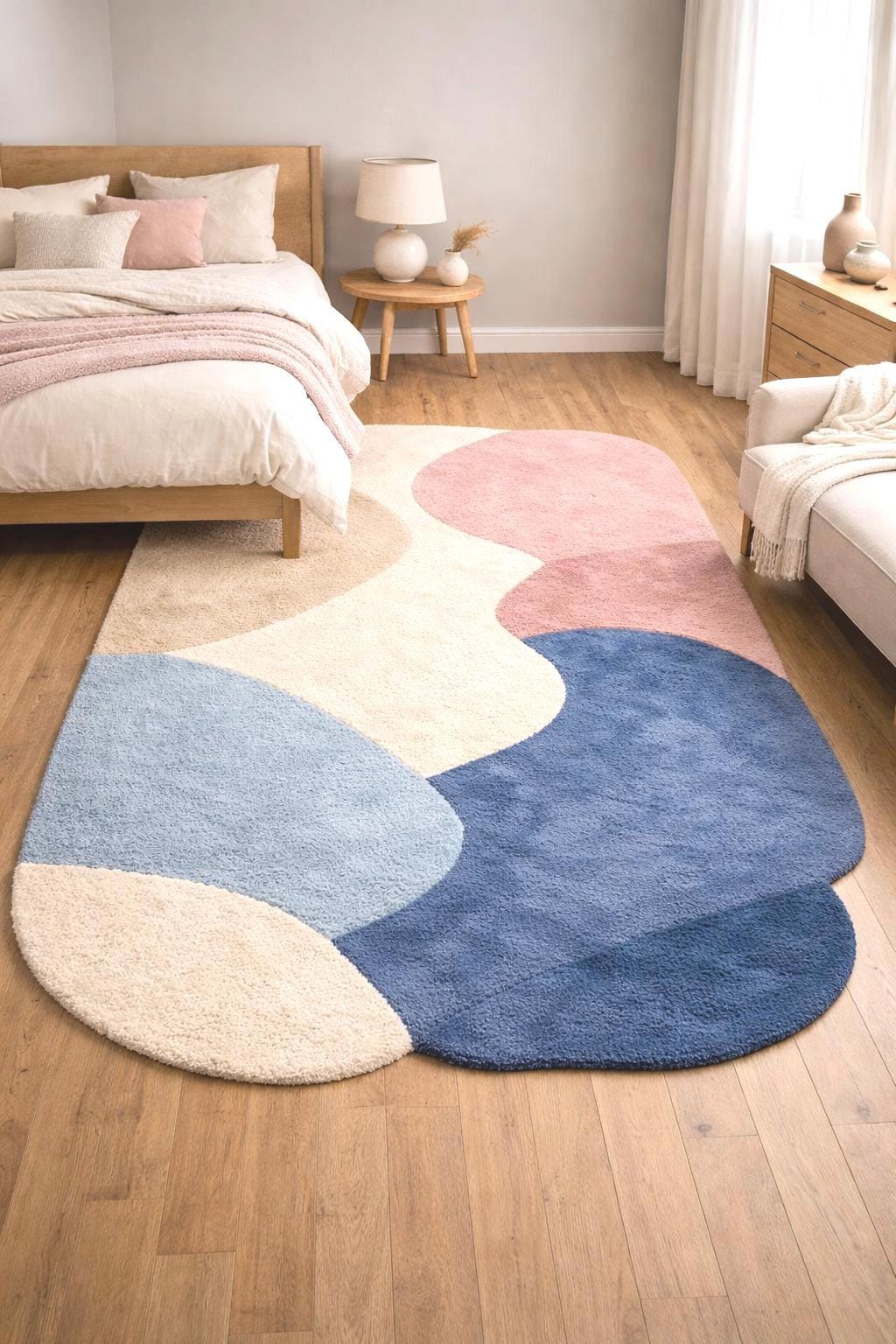 Organic Shape Tufted Rug | Pastel Abstract Area Rug | Luxury Hand Tufted Carpet | Modern Bedroom Rug | Wavy Wool Rug
