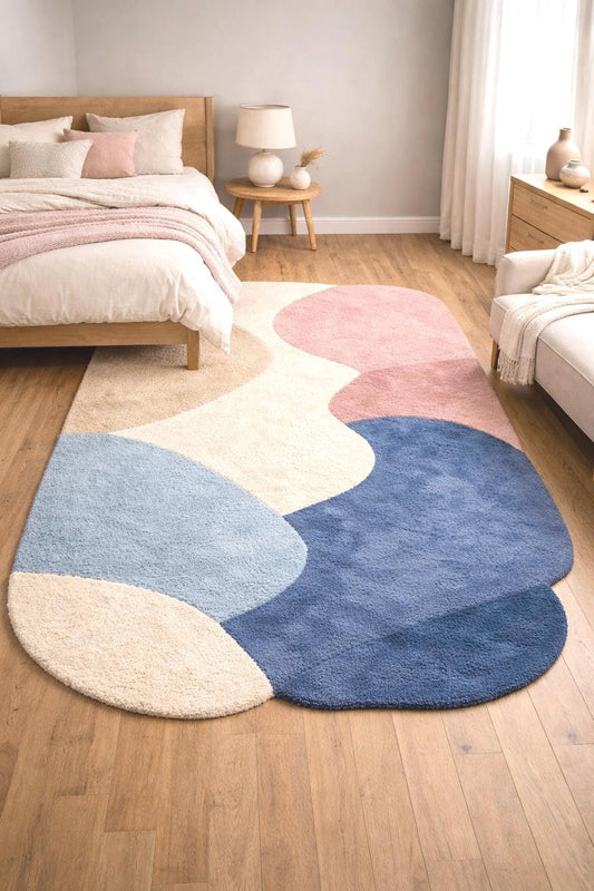 Organic Shape Tufted Rug | Pastel Abstract Area Rug | Luxury Hand Tufted Carpet | Modern Bedroom Rug | Wavy Wool Rug