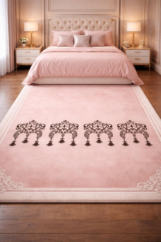 Blush Pink Hand Tufted Wool Rug | Damask Motif Area Carpet | Custom Size Floor Runner