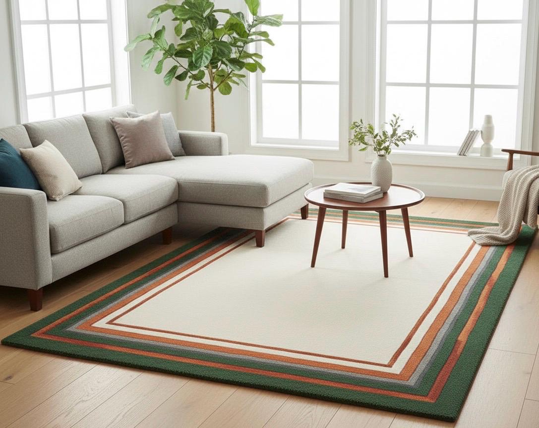 Hand tufted rug Modern Bordered Wool Area Rug | Earthy Green, Terracotta & Slate Grey | Hand-Tufted Minimalist Rug for Living Room, Bedroom