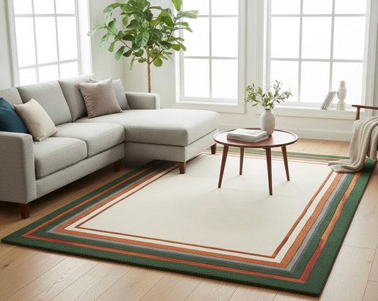 Hand tufted rug Modern Bordered Wool Area Rug | Earthy Green, Terracotta & Slate Grey | Hand-Tufted Minimalist Rug for Living Room, Bedroom