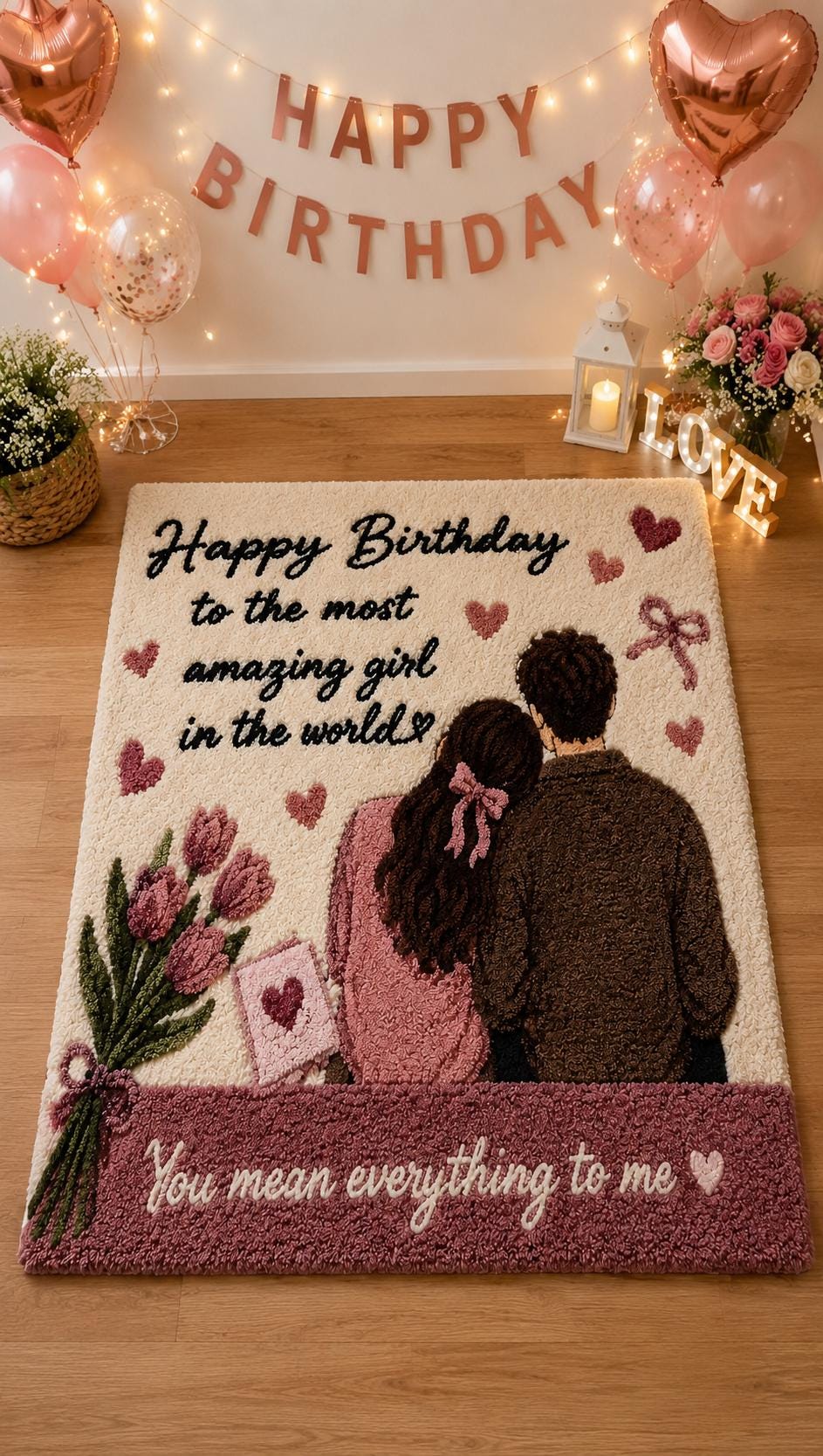 Personalized Tufted Rug Gift for Girlfriend Birthday | Handmade Wool Couple Rug | Custom Romantic Area Rug | Pink Aesthetic Room Decor