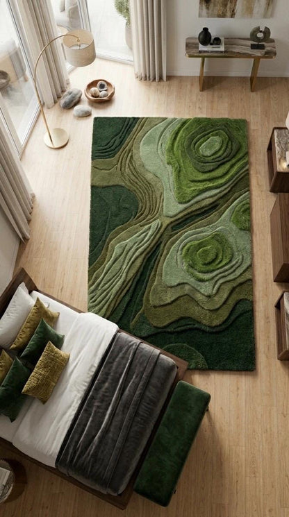 Luxury Moss Green Topographic Hand Tufted Wool Rug | 3D Contour Abstract Area Rug | Modern Sculptural Custom Handmade Moss Texture Carpet