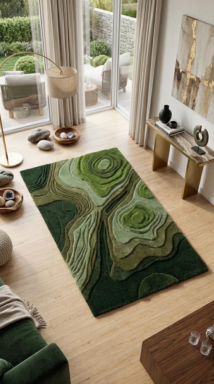 Luxury Moss Green Topographic Hand Tufted Wool Rug | 3D Contour Abstract Area Rug | Modern Sculptural Custom Handmade Moss Texture Carpet