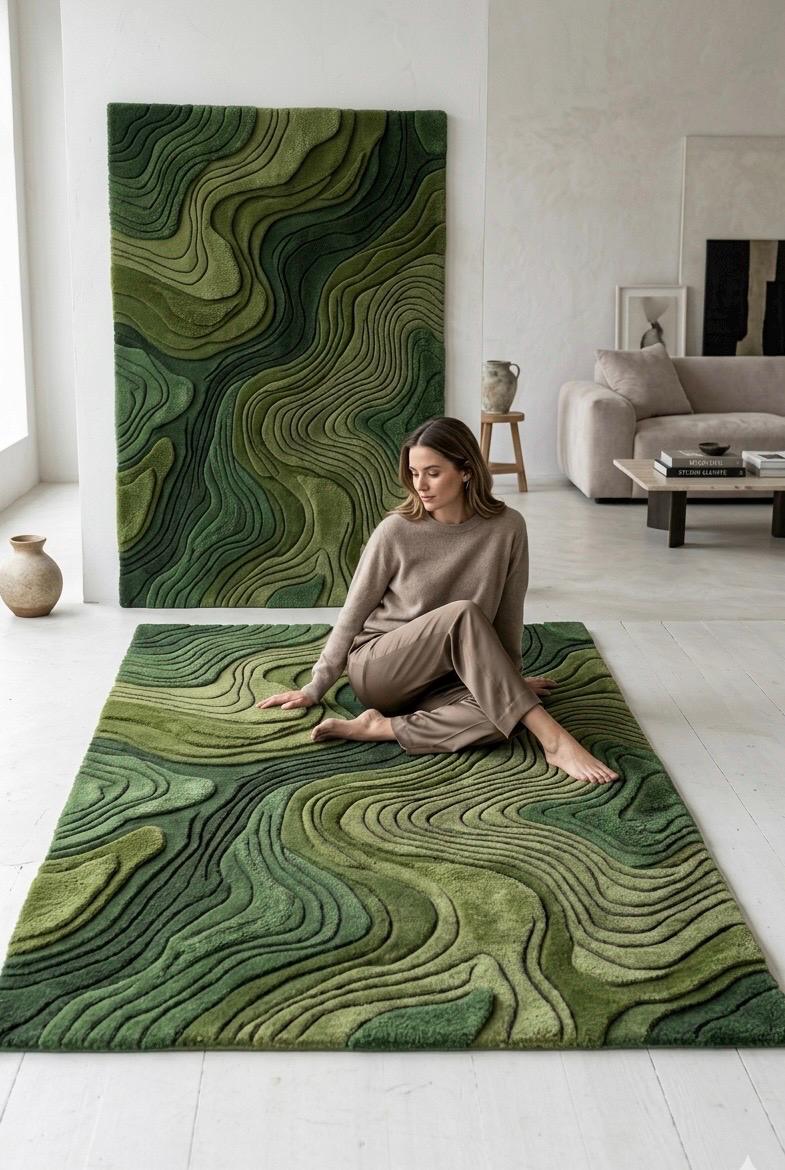 Modern 3D Moss Rug | Topographic Contour Area Rug | Handmade Layered Forest Green Aesthetic Carpet | Contemporary Luxury Landscape Tufted