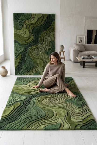 Modern 3D Moss Rug | Topographic Contour Area Rug | Handmade Layered Forest Green Aesthetic Carpet | Contemporary Luxury Landscape Tufted