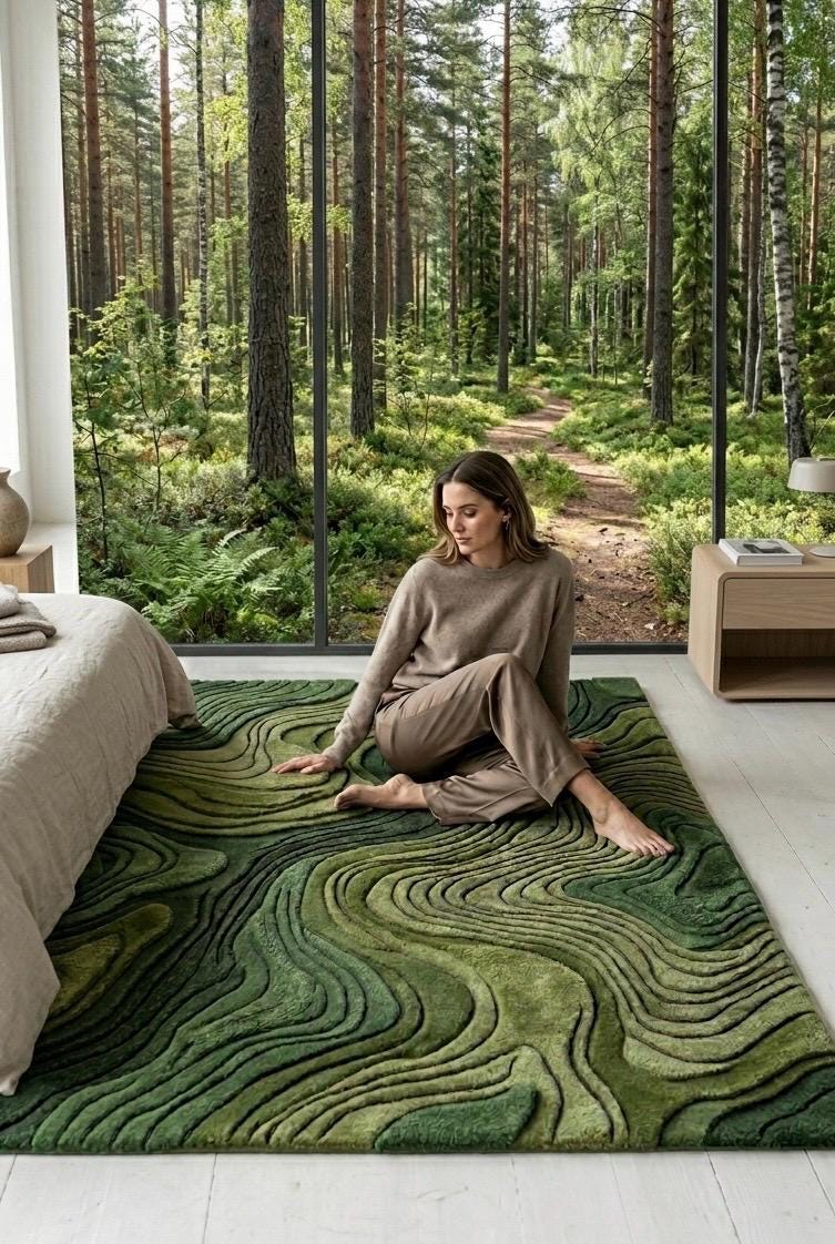 Modern 3D Moss Rug | Topographic Contour Area Rug | Handmade Layered Forest Green Aesthetic Carpet | Contemporary Luxury Landscape Tufted