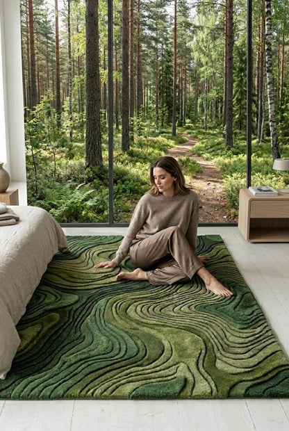 Modern 3D Moss Rug | Topographic Contour Area Rug | Handmade Layered Forest Green Aesthetic Carpet | Contemporary Luxury Landscape Tufted