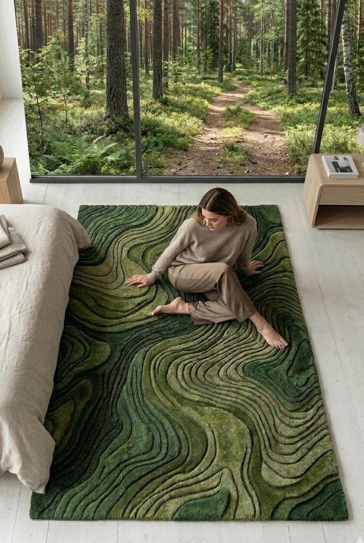 Modern 3D Moss Rug | Topographic Contour Area Rug | Handmade Layered Forest Green Aesthetic Carpet | Contemporary Luxury Landscape Tufted