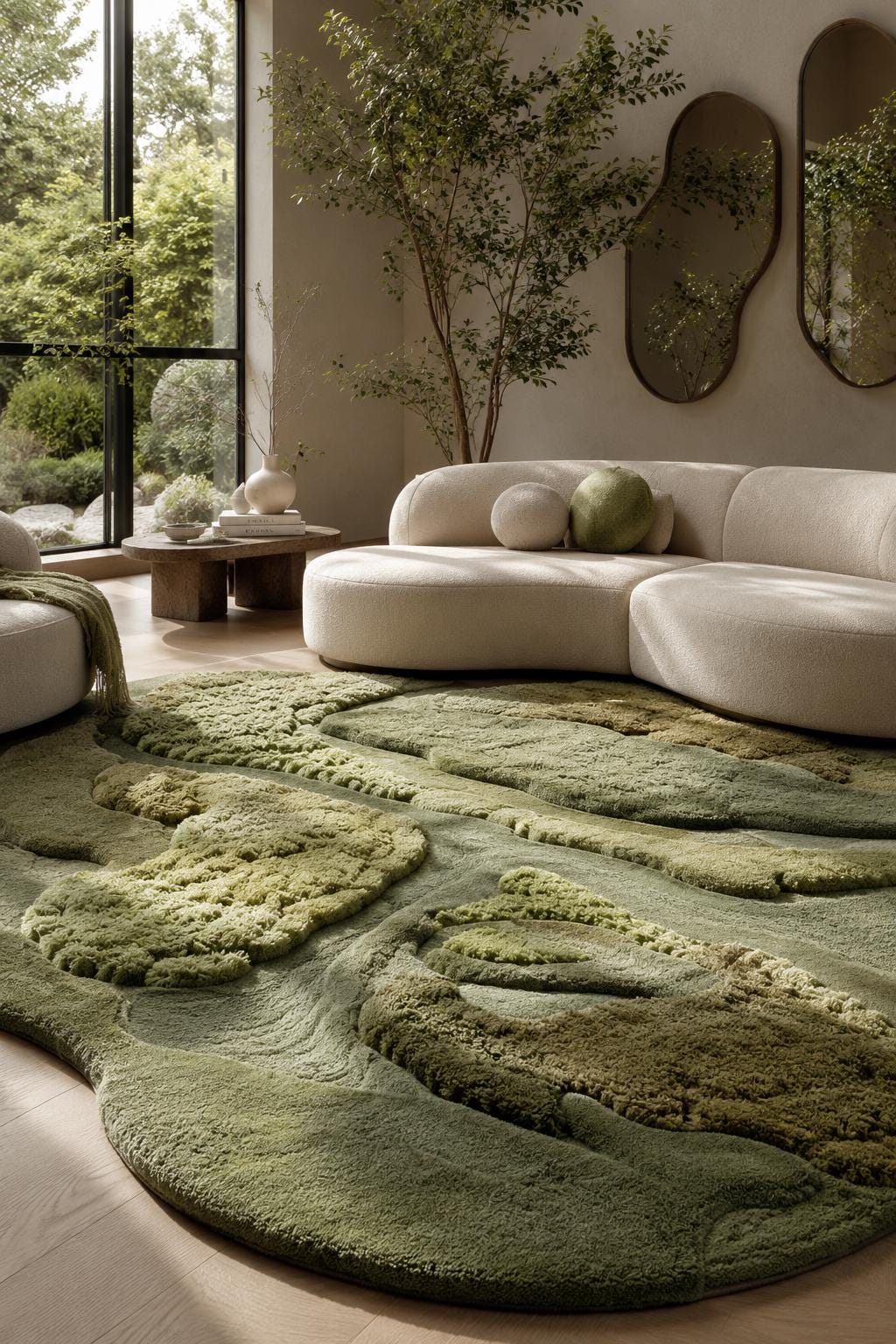 Hand Tufted Wool Rug, Organic Moss Shape Rug, Sculpted 3D Texture Carpet, Green Beige Modern Rug, Luxury Biophilic Home Decor, Custom Size