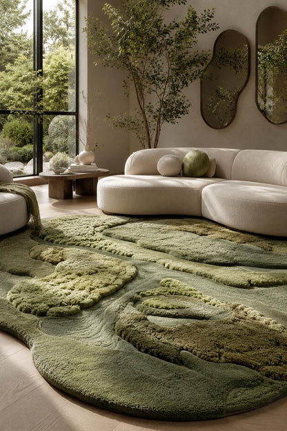 Hand Tufted Wool Rug, Organic Moss Shape Rug, Sculpted 3D Texture Carpet, Green Beige Modern Rug, Luxury Biophilic Home Decor, Custom Size
