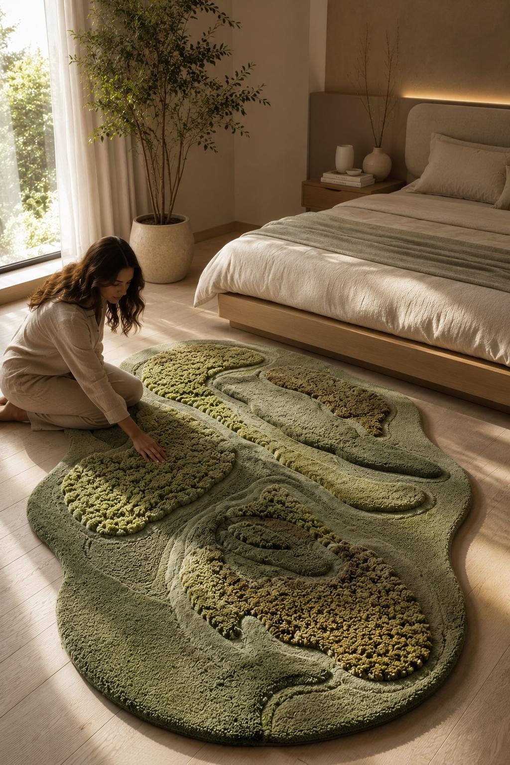Hand Tufted Wool Rug, Organic Moss Shape Rug, Sculpted 3D Texture Carpet, Green Beige Modern Rug, Luxury Biophilic Home Decor, Custom Size