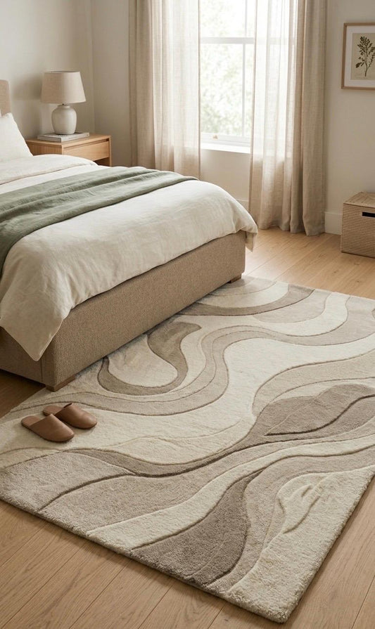 Luxury Hand Tufted Wool Rug | Neutral Beige Ivory Abstract Rug | 3D High-Low Sculpted Carpet | Modern Minimalist Bedroom Rug | Soft Plush