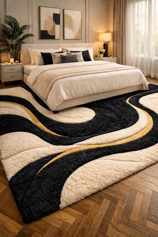 Hand Tufted Wool Rug | Black & Ivory Abstract Luxury Area Rug with Gold Accents | Artisan Made High Pile Statement Carpet for Modern Bedroom