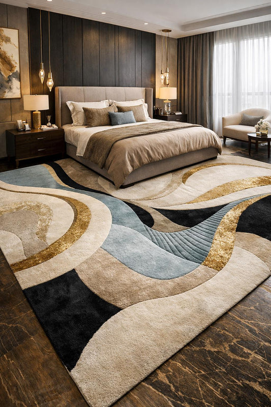 Luxury Abstract Hand Tufted Wool Rug |Modern Beige Gold Blue Area Rug| Contemporary Handmade Carpet | Designer Living Room Rug | 9x12 8x10