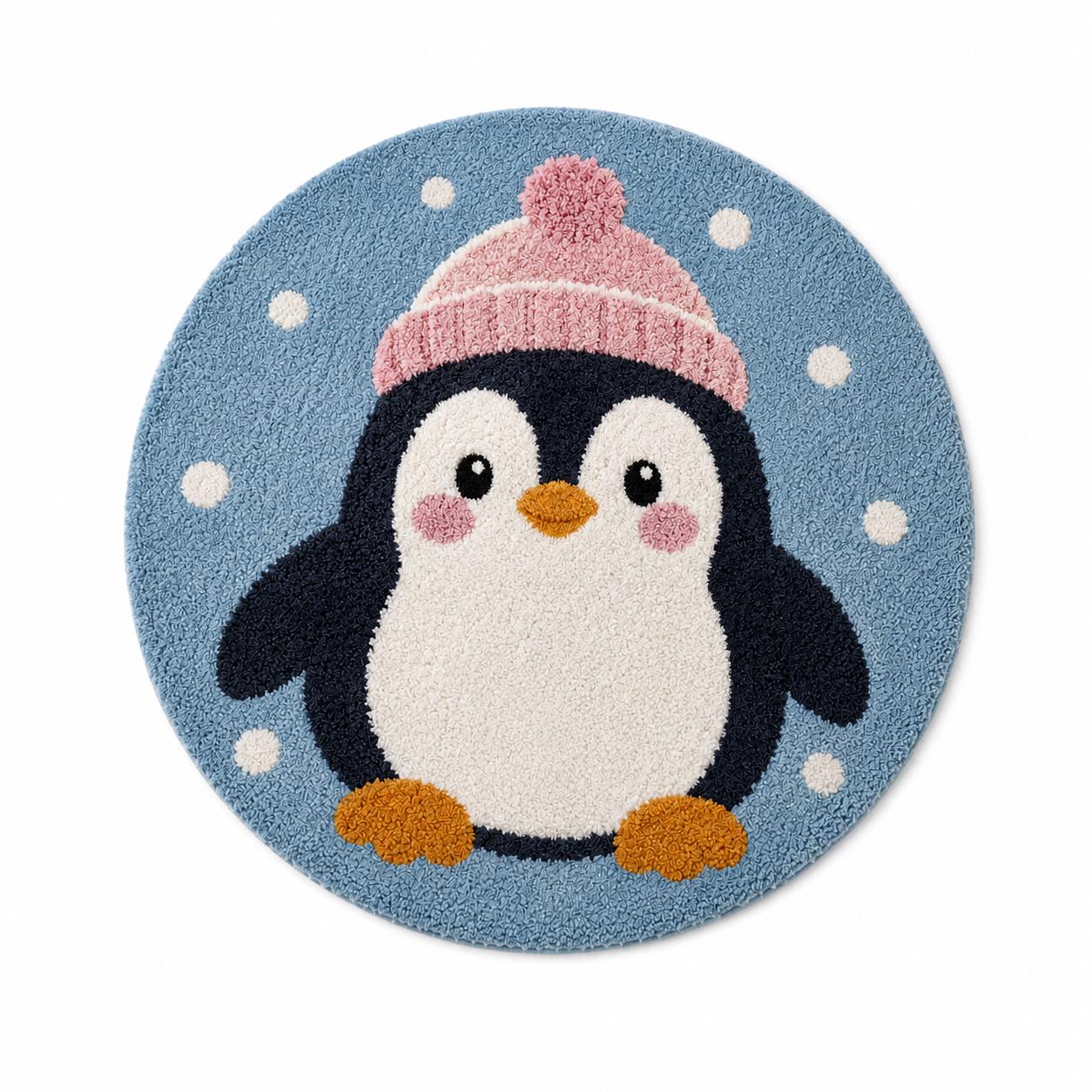 Cute Penguin Rug | Round Nursery Carpet for Kids Room | Tufted Animal Play Mat | Kawaii Blue Fluffy Rug | Playroom Decor | Baby Shower Gift
