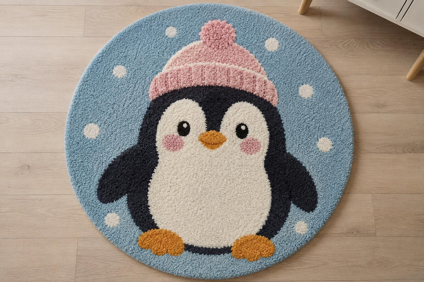 Cute Penguin Rug | Round Nursery Carpet for Kids Room | Tufted Animal Play Mat | Kawaii Blue Fluffy Rug | Playroom Decor | Baby Shower Gift