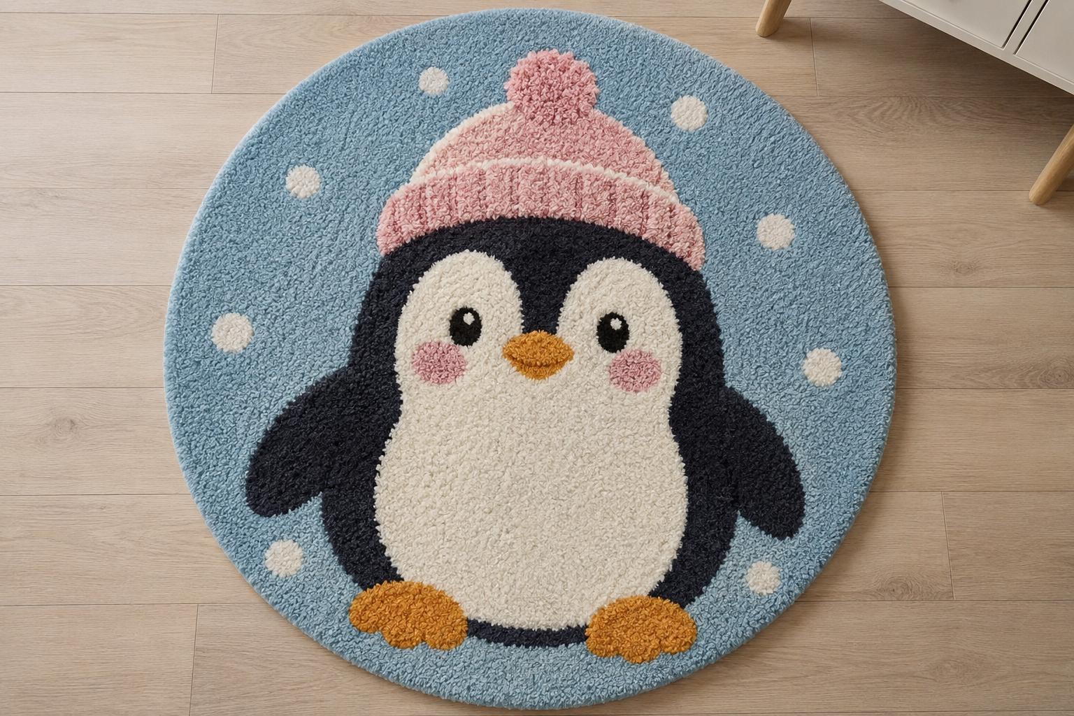Cute Penguin Rug | Round Nursery Carpet for Kids Room | Tufted Animal Play Mat | Kawaii Blue Fluffy Rug | Playroom Decor | Baby Shower Gift