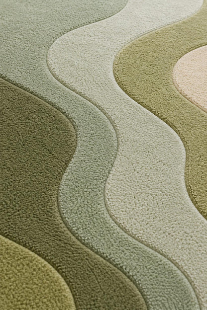 Green Abstract Hand Tufted Wool Rug | Modern Scandinavian Area Rug | Sage Olive Wave Rug | Living Room Bedroom Carpet