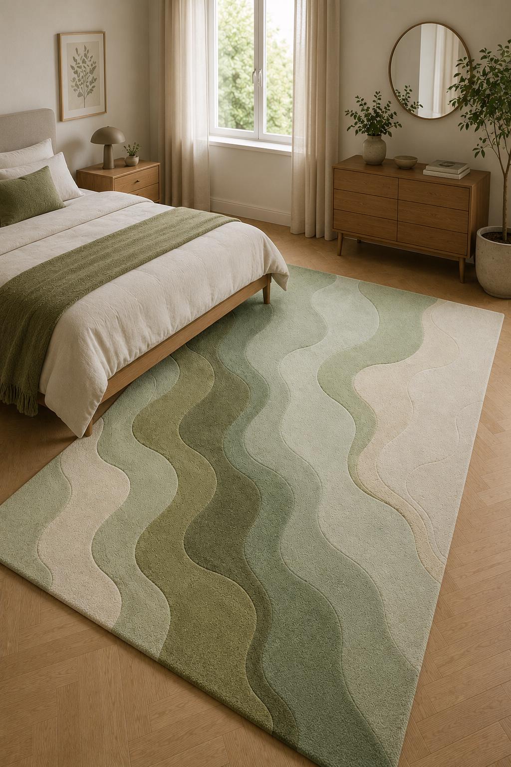 Green Abstract Hand Tufted Wool Rug | Modern Scandinavian Area Rug | Sage Olive Wave Rug | Living Room Bedroom Carpet