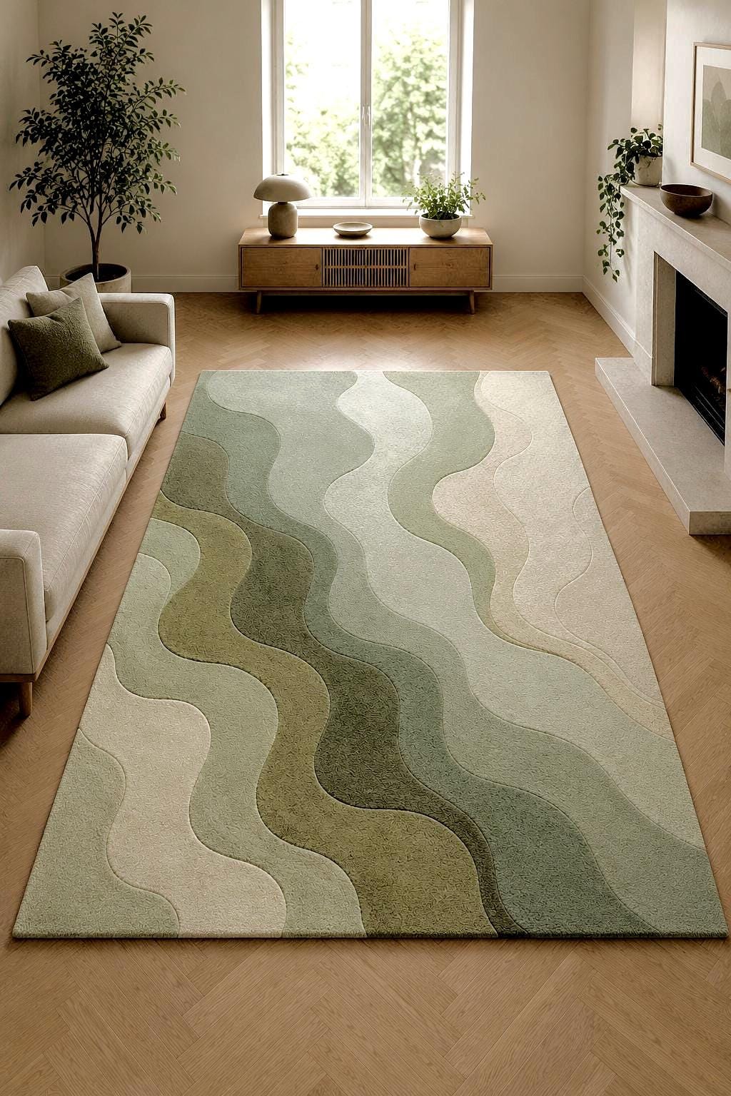 Green Abstract Hand Tufted Wool Rug | Modern Scandinavian Area Rug | Sage Olive Wave Rug | Living Room Bedroom Carpet