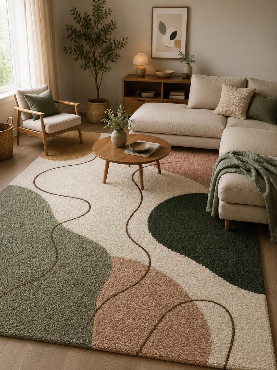 Abstract Neutral Tufted Wool Rug | Modern Japandi Boho Area Rug, Large Earthy Sage Green & Blush Moss Rug for Living Room, Bedroom Aesthetic