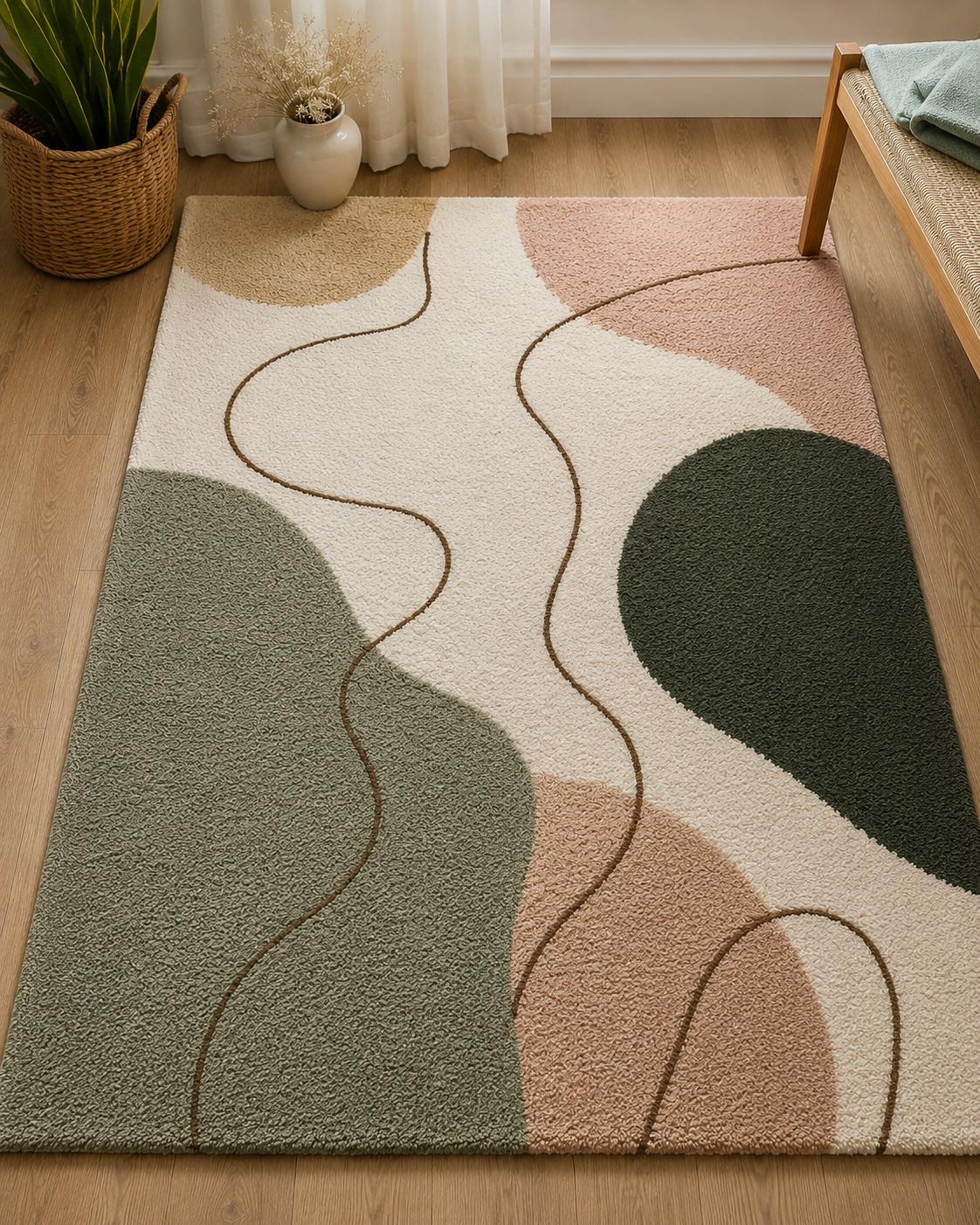 Abstract Neutral Tufted Wool Rug | Modern Japandi Boho Area Rug, Large Earthy Sage Green & Blush Moss Rug for Living Room, Bedroom Aesthetic