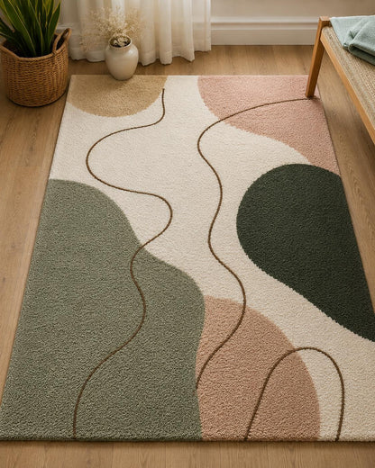 Abstract Neutral Tufted Wool Rug | Modern Japandi Boho Area Rug, Large Earthy Sage Green & Blush Moss Rug for Living Room, Bedroom Aesthetic