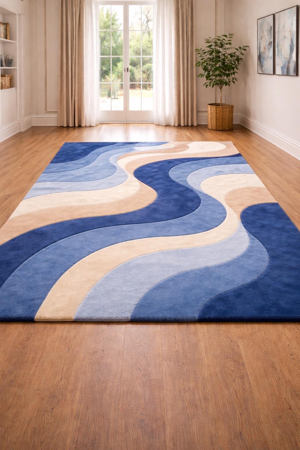 Luxury Abstract Rug | Hand Tufted Wool Rug | Modern Wave Design Carpet | Luxury Living Room Rug | Beige Blue Area Rug | Custom Size Rug