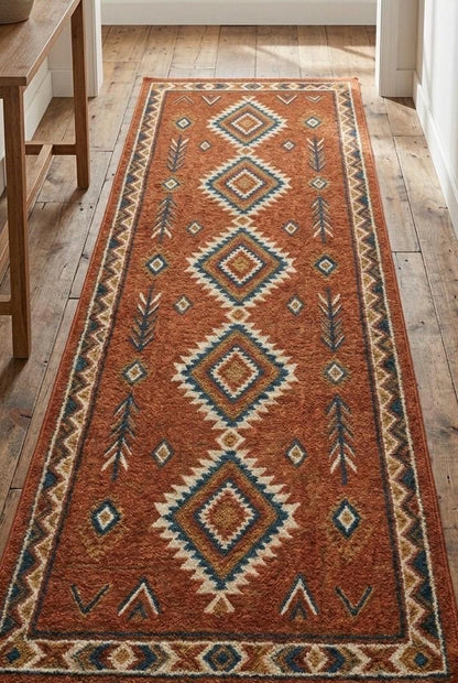 Southwestern Hand Tufted Wool Rug | Rust Terracotta Geometric 3D Texture Luxury Carpet | Large Area Rug for Living Room |  Boho Desert Decor