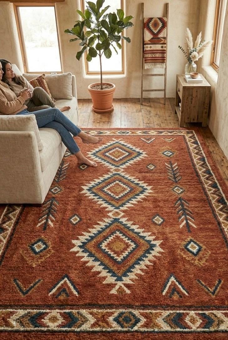 Southwestern Hand Tufted Wool Rug | Rust Terracotta Geometric 3D Texture Luxury Carpet | Large Area Rug for Living Room |  Boho Desert Decor