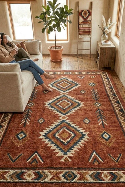 Southwestern Hand Tufted Wool Rug | Rust Terracotta Geometric 3D Texture Luxury Carpet | Large Area Rug for Living Room |  Boho Desert Decor