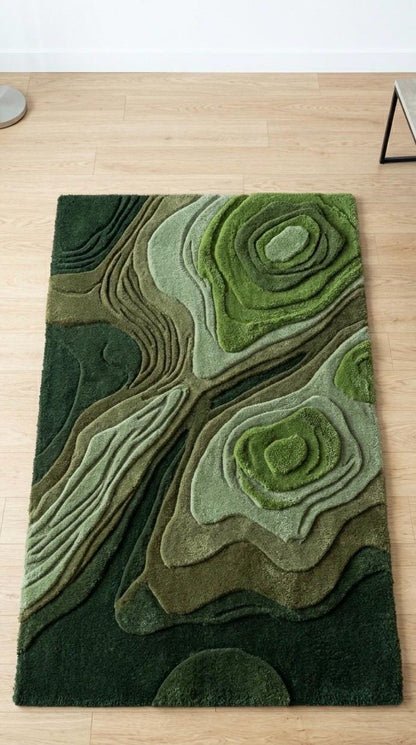 Luxury Moss Green Topographic Hand Tufted Wool Rug | 3D Contour Abstract Area Rug | Modern Sculptural Custom Handmade Moss Texture Carpet