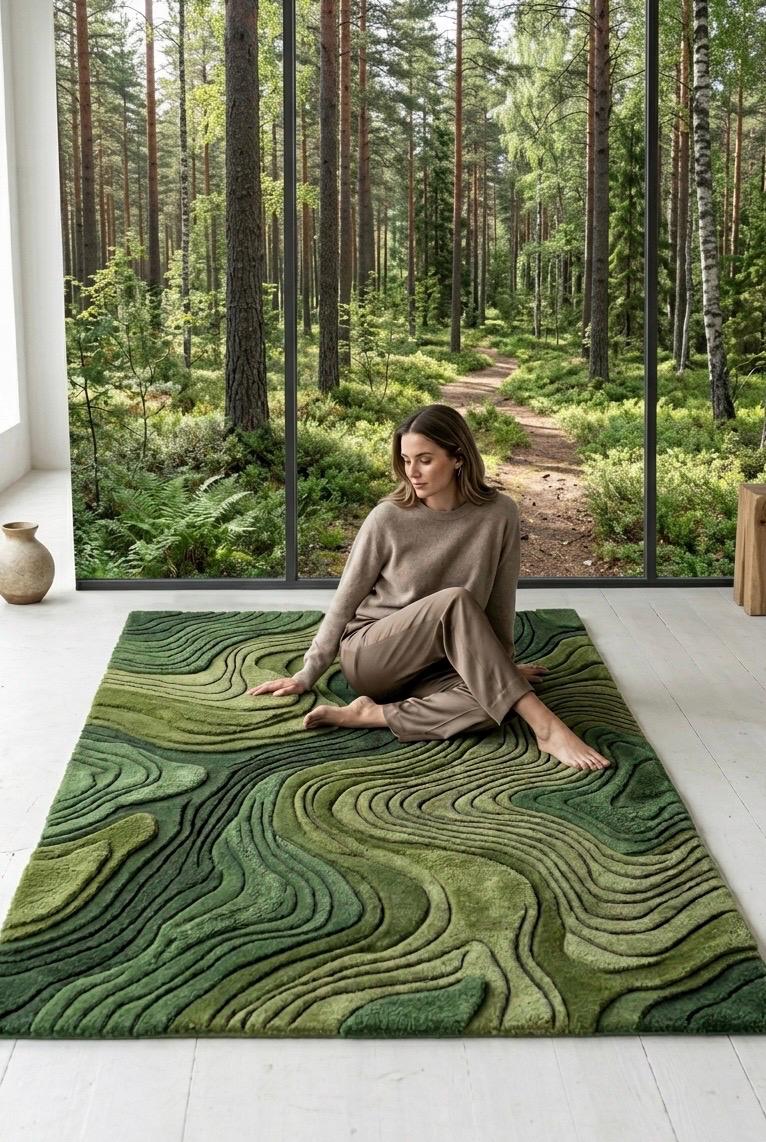 Modern 3D Moss Rug | Topographic Contour Area Rug | Handmade Layered Forest Green Aesthetic Carpet | Contemporary Luxury Landscape Tufted