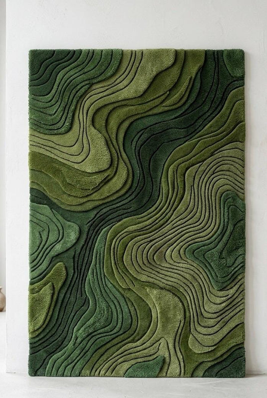 Modern 3D Moss Rug | Topographic Contour Area Rug | Handmade Layered Forest Green Aesthetic Carpet | Contemporary Luxury Landscape Tufted