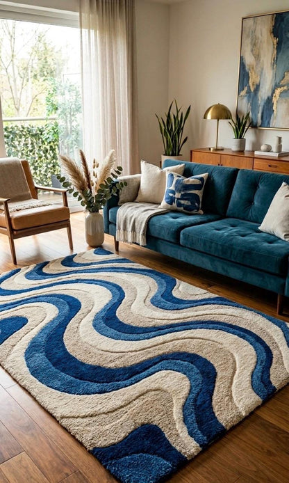 Blue Cream Wavy Wool Rug | Abstract Mid Century Modern Large Area Rug